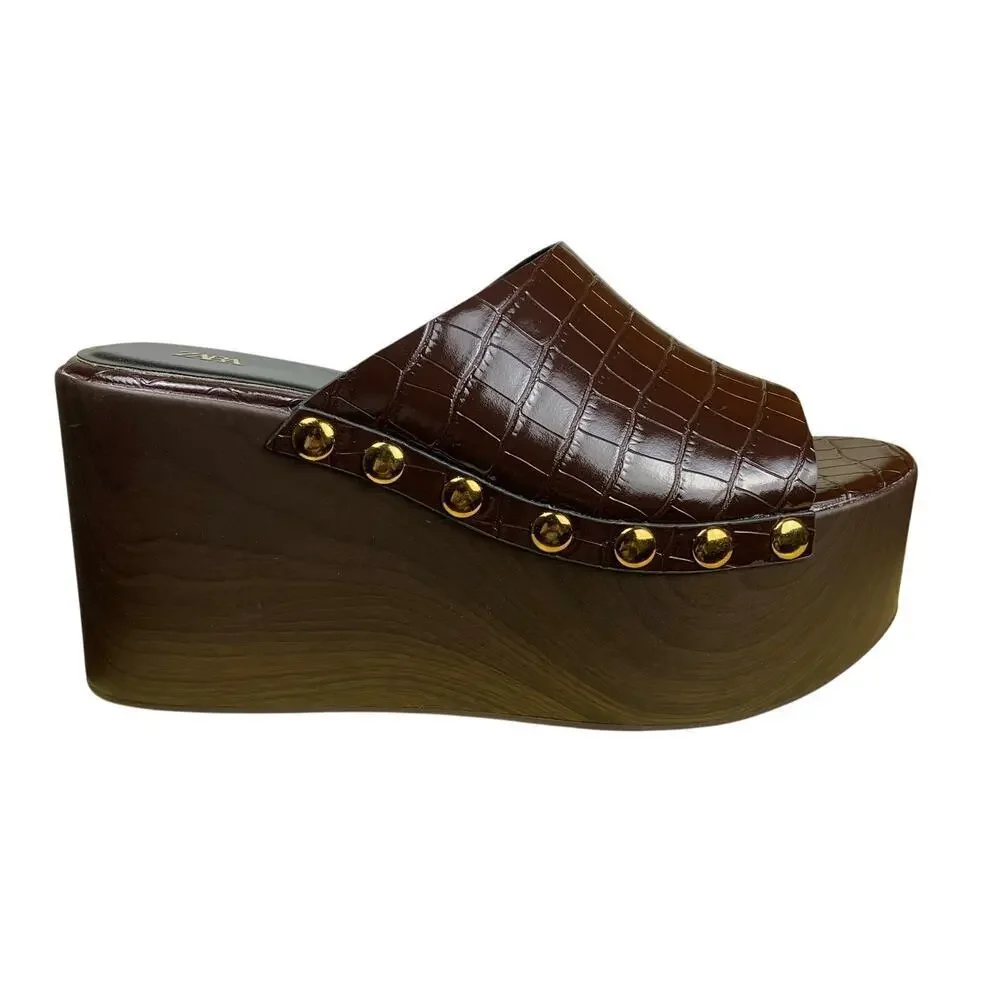 Zara Brown Studded Platform Wedge Sandals Size 39 US 6 Y2k Style - Picture 1 of 9